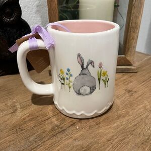 Rae Dunn White and Pink Floral Bunny Mug Double Sided “spring has sprung”